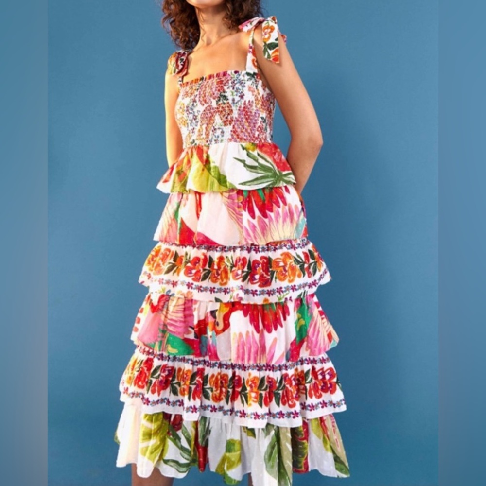 FARM RIO TROPICAL PRINT TIERED COTTON DRESS, NWT L